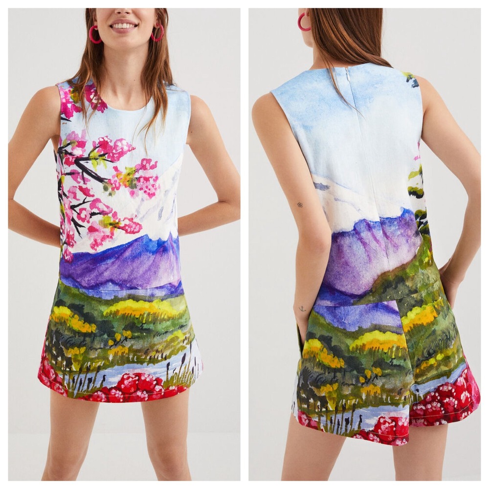 Desigual Japanese Print Pinafore Romper Sleeveless Landscape Floral Multi Size M